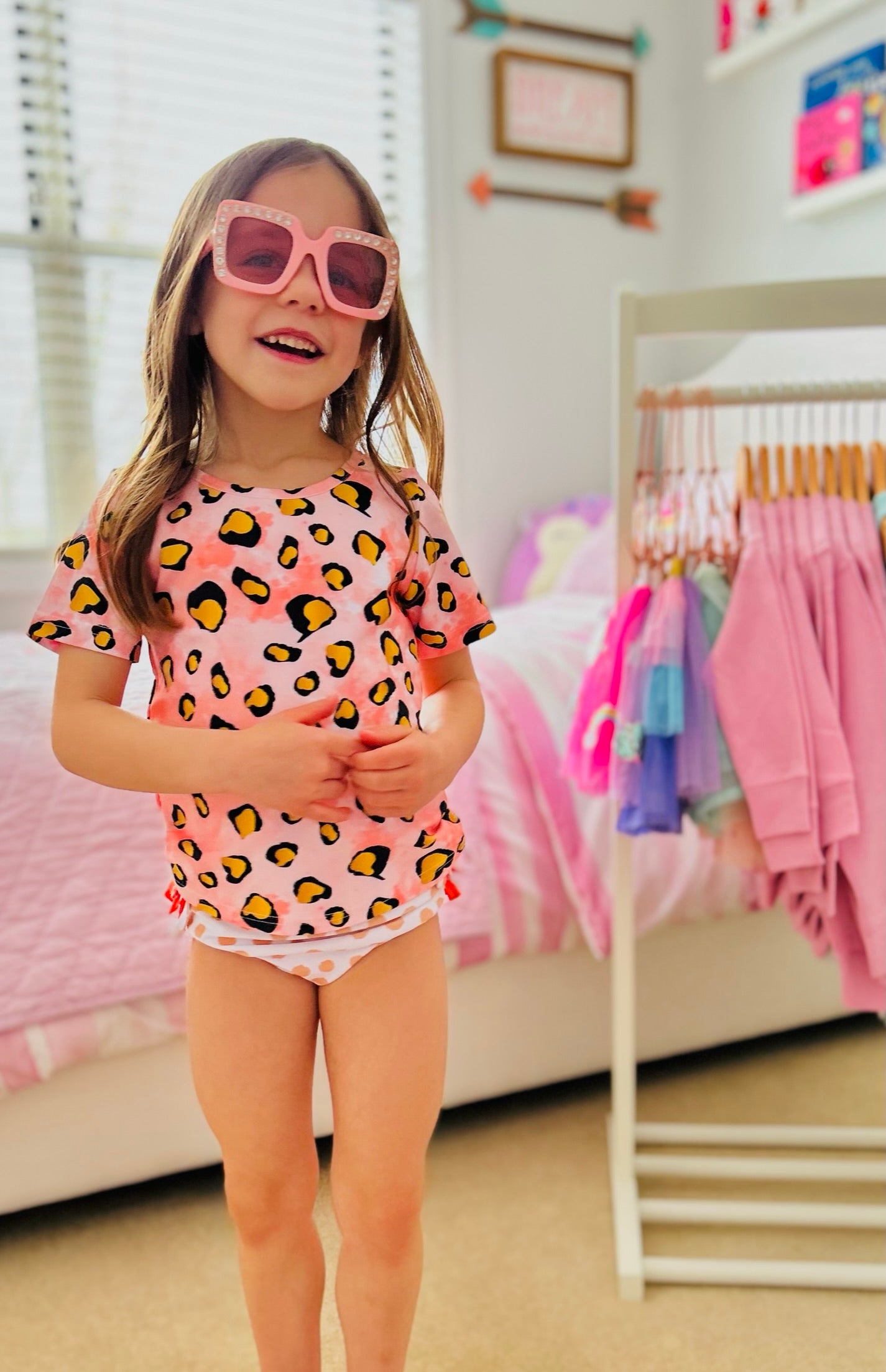 Kids Pink Leopard Ruffle Swimsuit