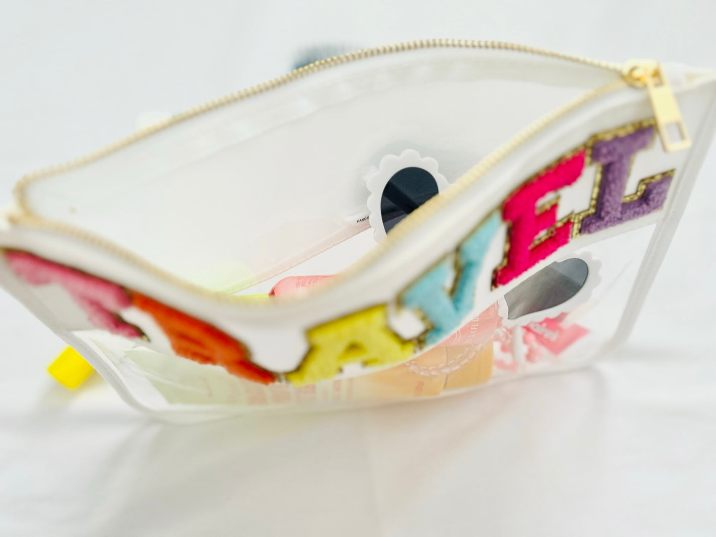 Large Clear Chenille Letter Patch Pouch - TRAVEL