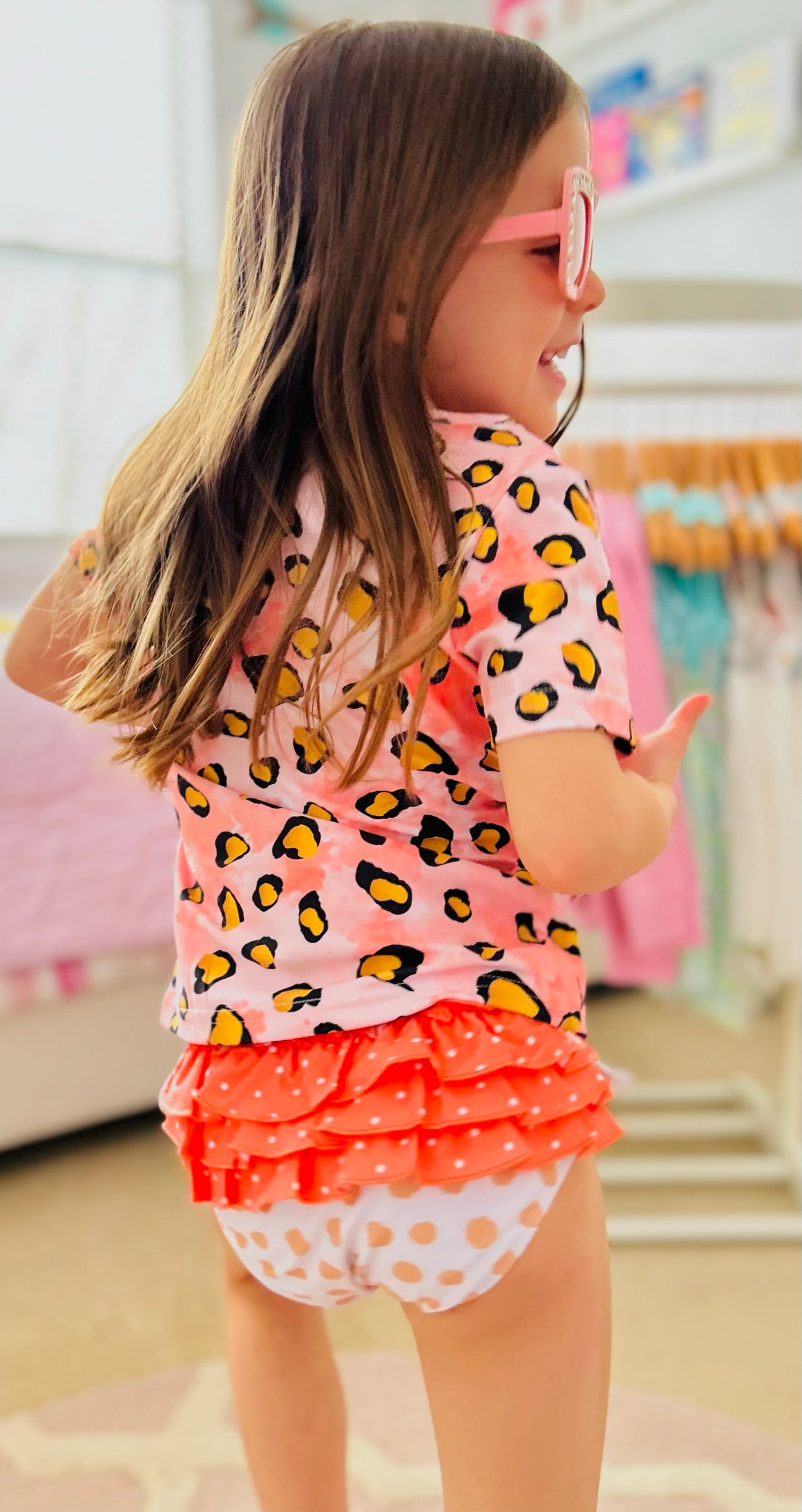 Kids Pink Leopard Ruffle Swimsuit