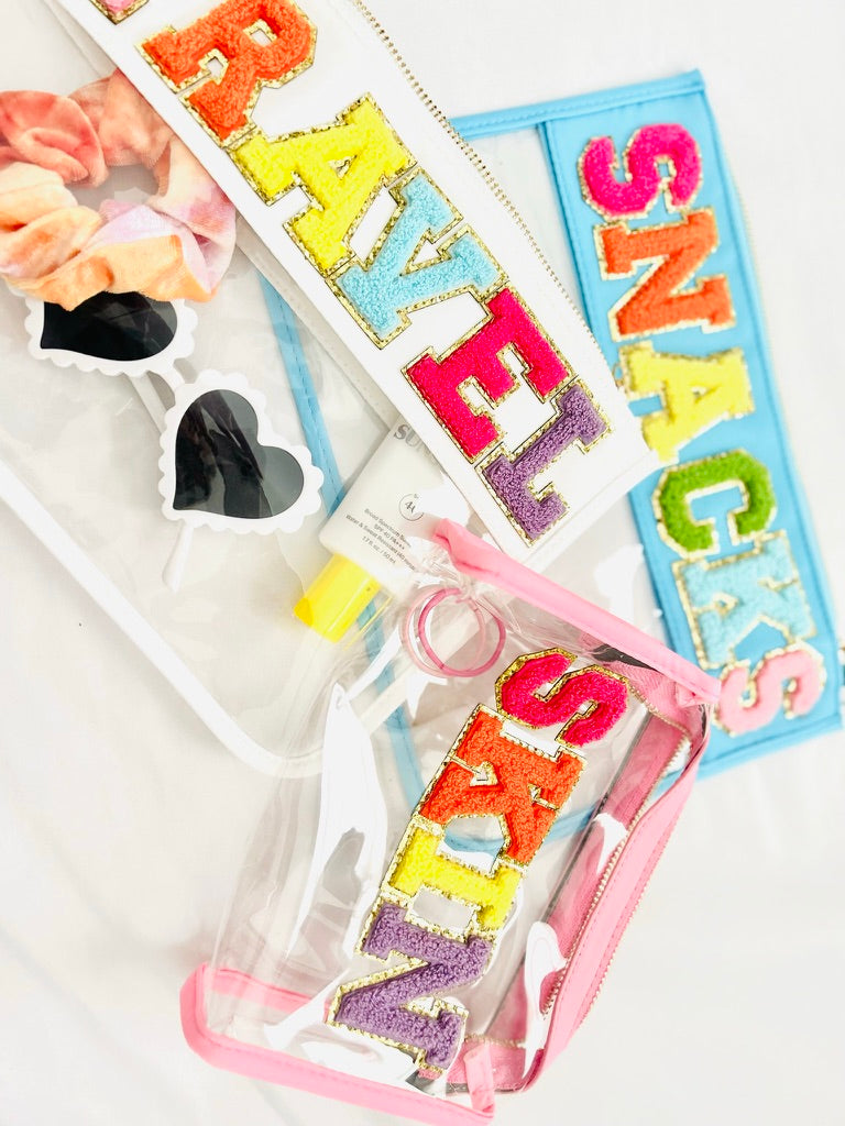 Large Clear Chenille Letter Patch Pouch - TRAVEL