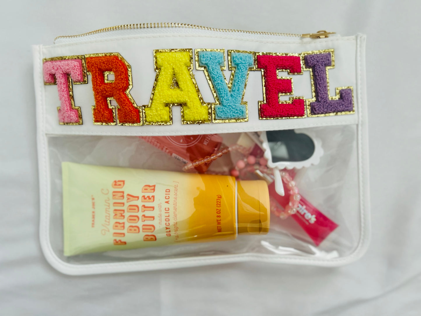 Large Clear Chenille Letter Patch Pouch - TRAVEL