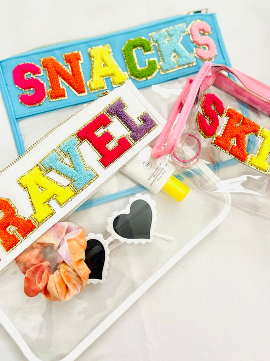 Large Clear Chenille Letter Patch Pouch - TRAVEL
